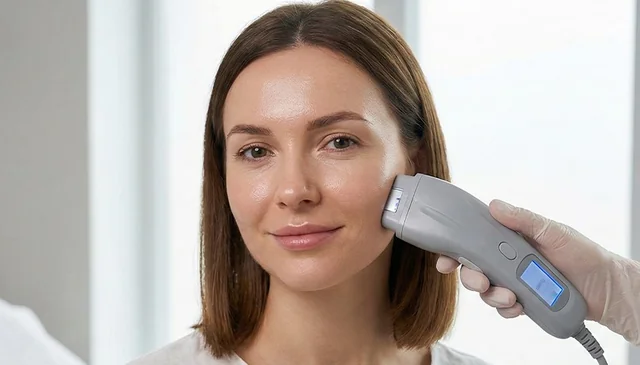A clinician applying a skin-tightening device to a patient’s cheek