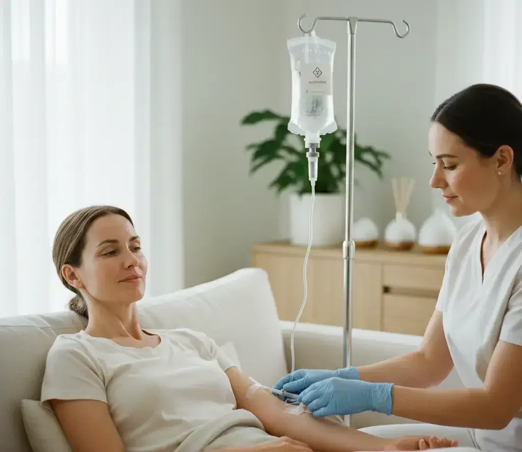 A clinician attending to a patient receiving an infusion