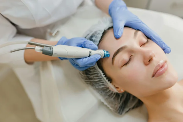 A patient receiving a facial treatment with a handheld device