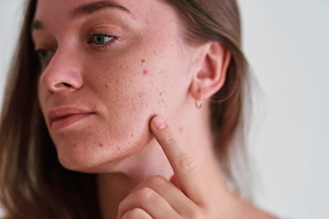 A close-up of skin with acne and pigmentation