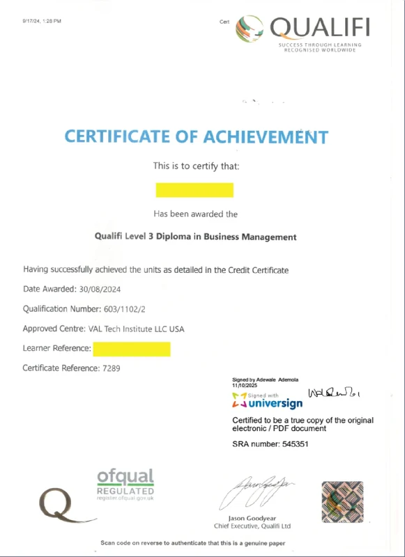 Certificate of achievement — sample 1 from the Val Tech gallery
