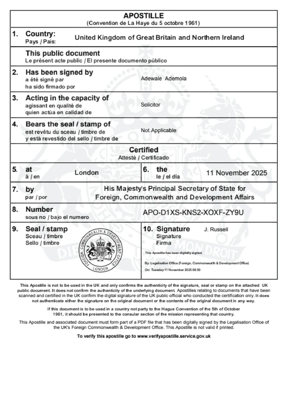 Apostille document — sample 2 from the Val Tech gallery