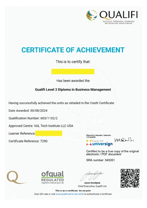 Certificate of achievement — sample 2 from the Val Tech gallery